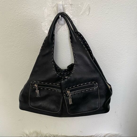 Donald J Pliner Black Leather Dual Top Handle Shoulder Tote Bag Purse - Picture 3 of 14